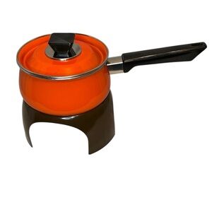 Retro Vintage Fondue Pot Made In Japan orange brown black with warmer 60s 70s